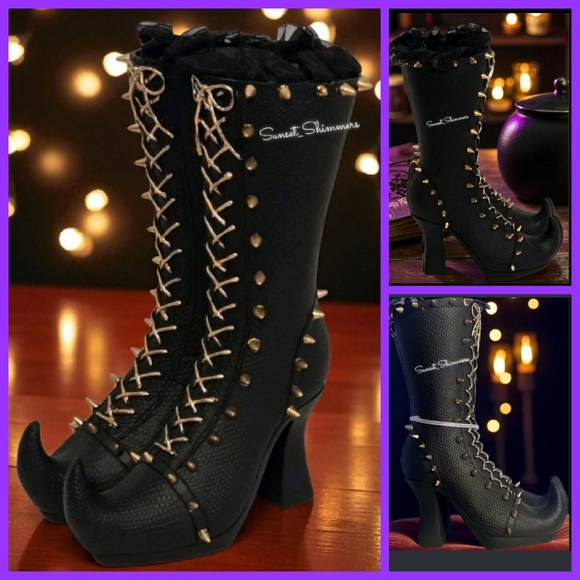 2025 Bella Lux Halloween Witches Boots Black Gold Laces Bow Spikes Goth Witch - Picture 1 of 9
